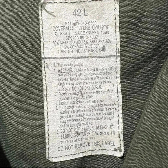 Military Coveralls Flyers CWU-27/P Type 1 Class 1 Sage Green Size 42 L Carter In - Picture 5 of 16